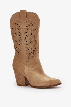 Boto Ażurowe Kozaki Do Połowy Łydki Na Słupku Zamszowe Lewski 3609 Beżowe