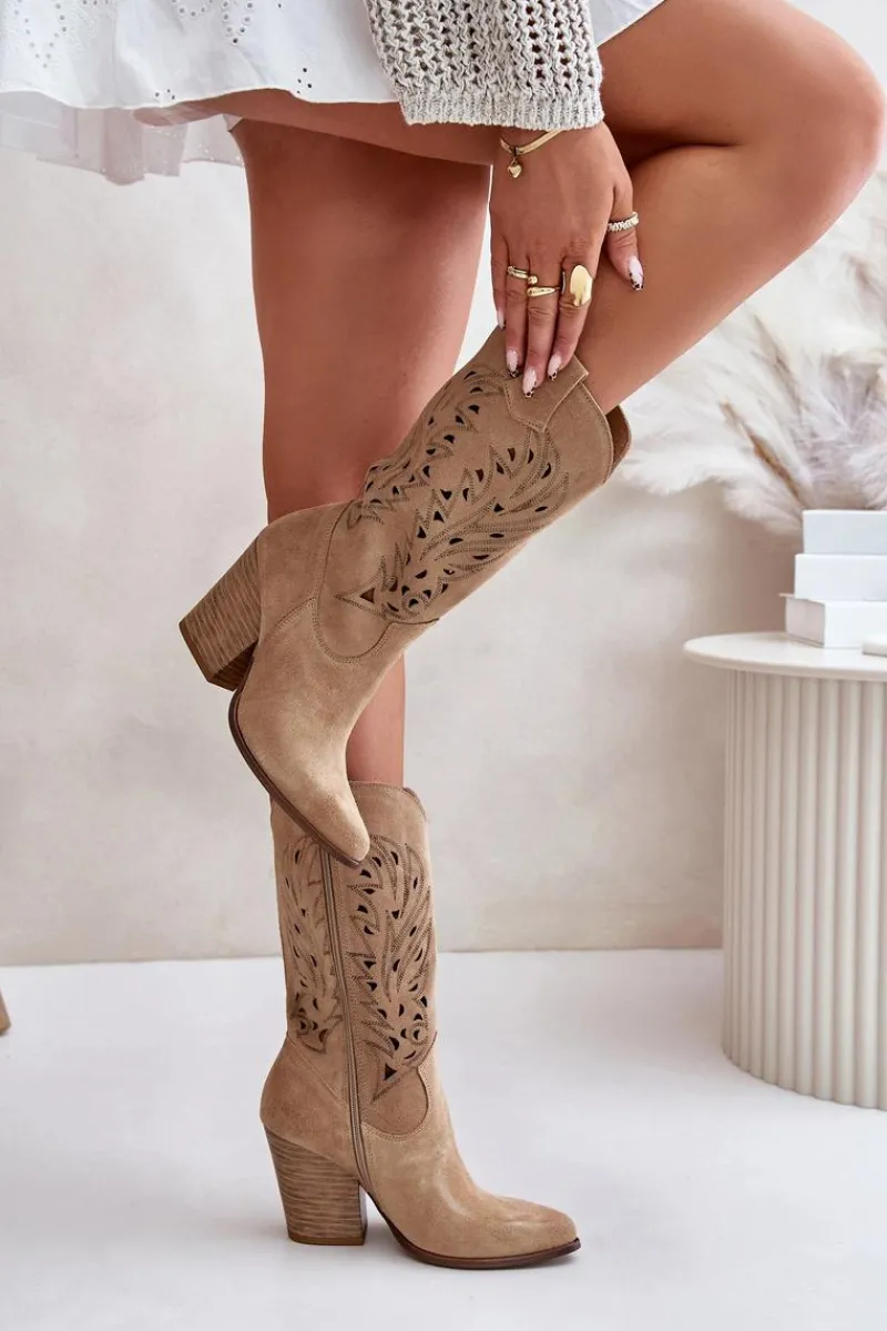Boto Ażurowe Kozaki Do Połowy Łydki Na Słupku Zamszowe Lewski 3609 Beżowe