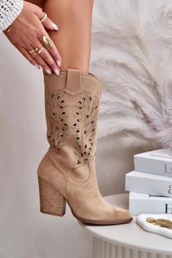 Boto Ażurowe Kozaki Do Połowy Łydki Na Słupku Zamszowe Lewski 3609 Beżowe