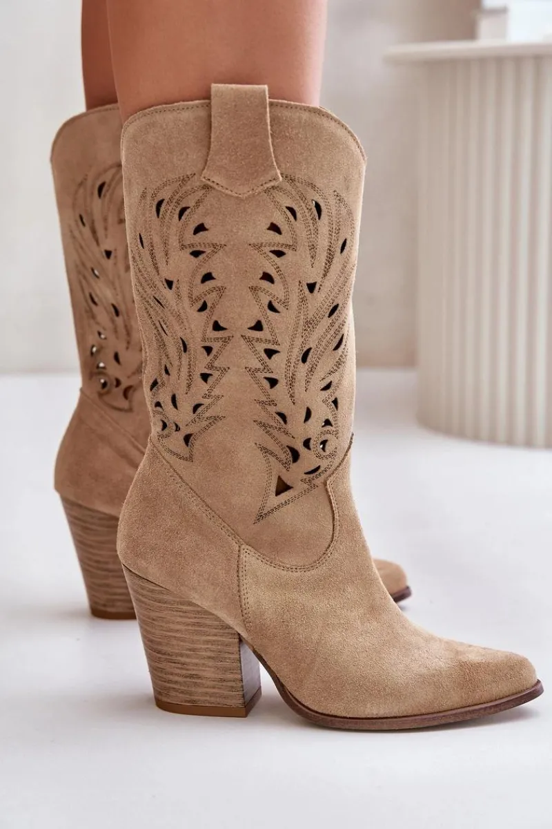 Boto Ażurowe Kozaki Do Połowy Łydki Na Słupku Zamszowe Lewski 3609 Beżowe