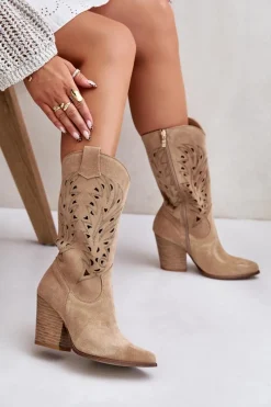 Boto Ażurowe Kozaki Do Połowy Łydki Na Słupku Zamszowe Lewski 3609 Beżowe