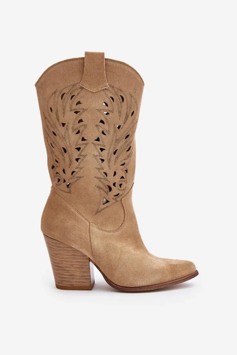 Boto Ażurowe Kozaki Do Połowy Łydki Na Słupku Zamszowe Lewski 3609 Beżowe