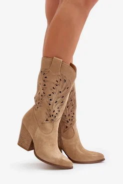 Boto Ażurowe Kozaki Do Połowy Łydki Na Słupku Zamszowe Lewski 3609 Beżowe