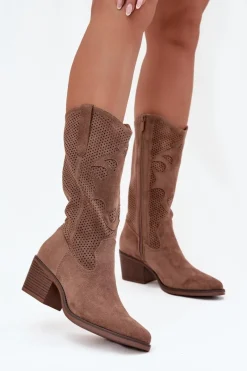 New Boto Ażurowe Kozaki Kowbojki Damskie Na Obcasie Ciemnobeżowe Olivette