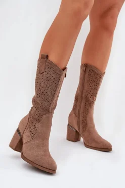 Sale Ażurowe Kozaki Kowbojki Do Połowy Łydki S.Barski HY51-238 Brązowe Damskie Kozaki Na Słupku|Kozaki Ażurowe