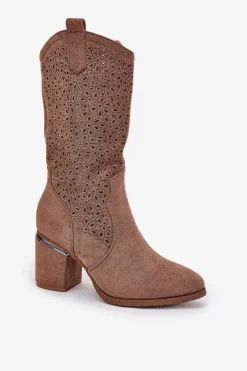 Sale Ażurowe Kozaki Kowbojki Do Połowy Łydki S.Barski HY51-238 Brązowe Damskie Kozaki Na Słupku|Kozaki Ażurowe