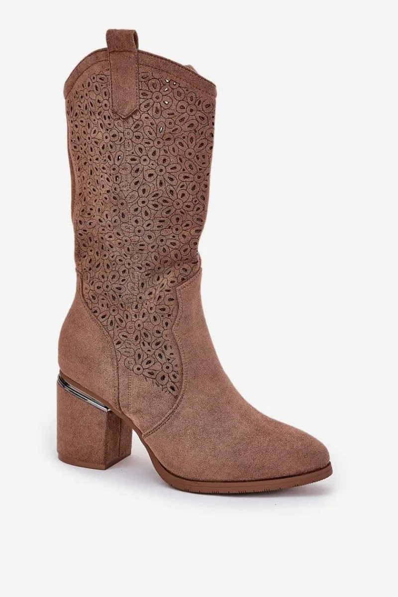Sale Ażurowe Kozaki Kowbojki Do Połowy Łydki S.Barski HY51-238 Brązowe Damskie Kozaki Na Słupku|Kozaki Ażurowe