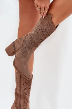 Sale Ażurowe Kozaki Kowbojki Do Połowy Łydki S.Barski HY51-238 Brązowe Damskie Kozaki Na Słupku|Kozaki Ażurowe