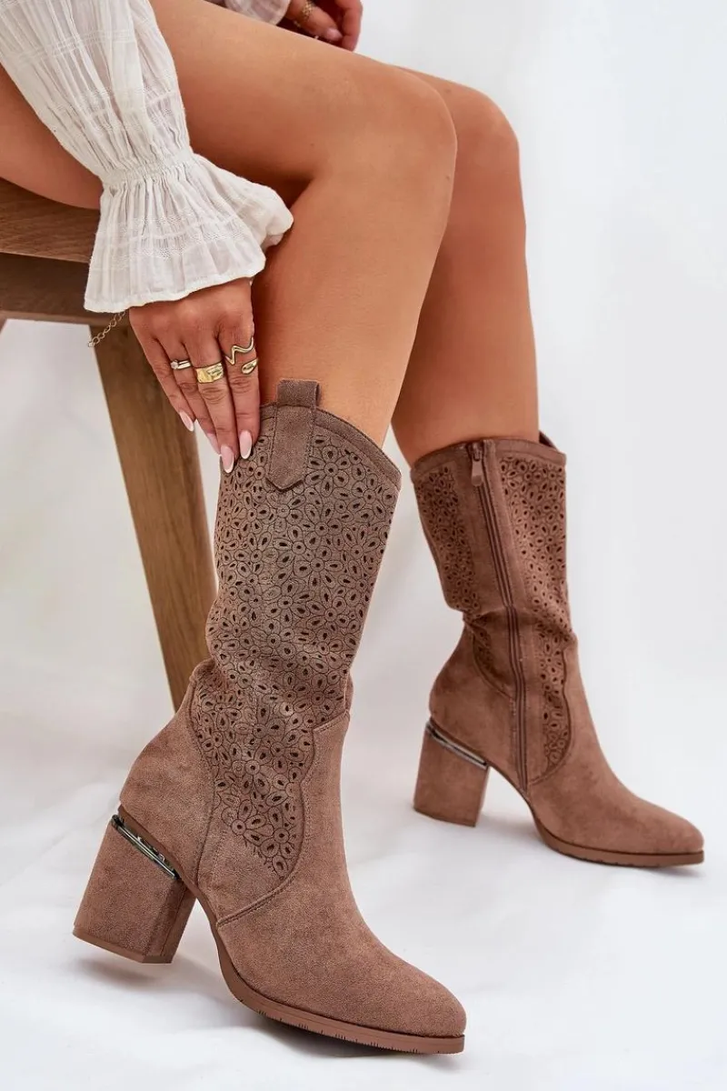 Sale Ażurowe Kozaki Kowbojki Do Połowy Łydki S.Barski HY51-238 Brązowe Damskie Kozaki Na Słupku|Kozaki Ażurowe