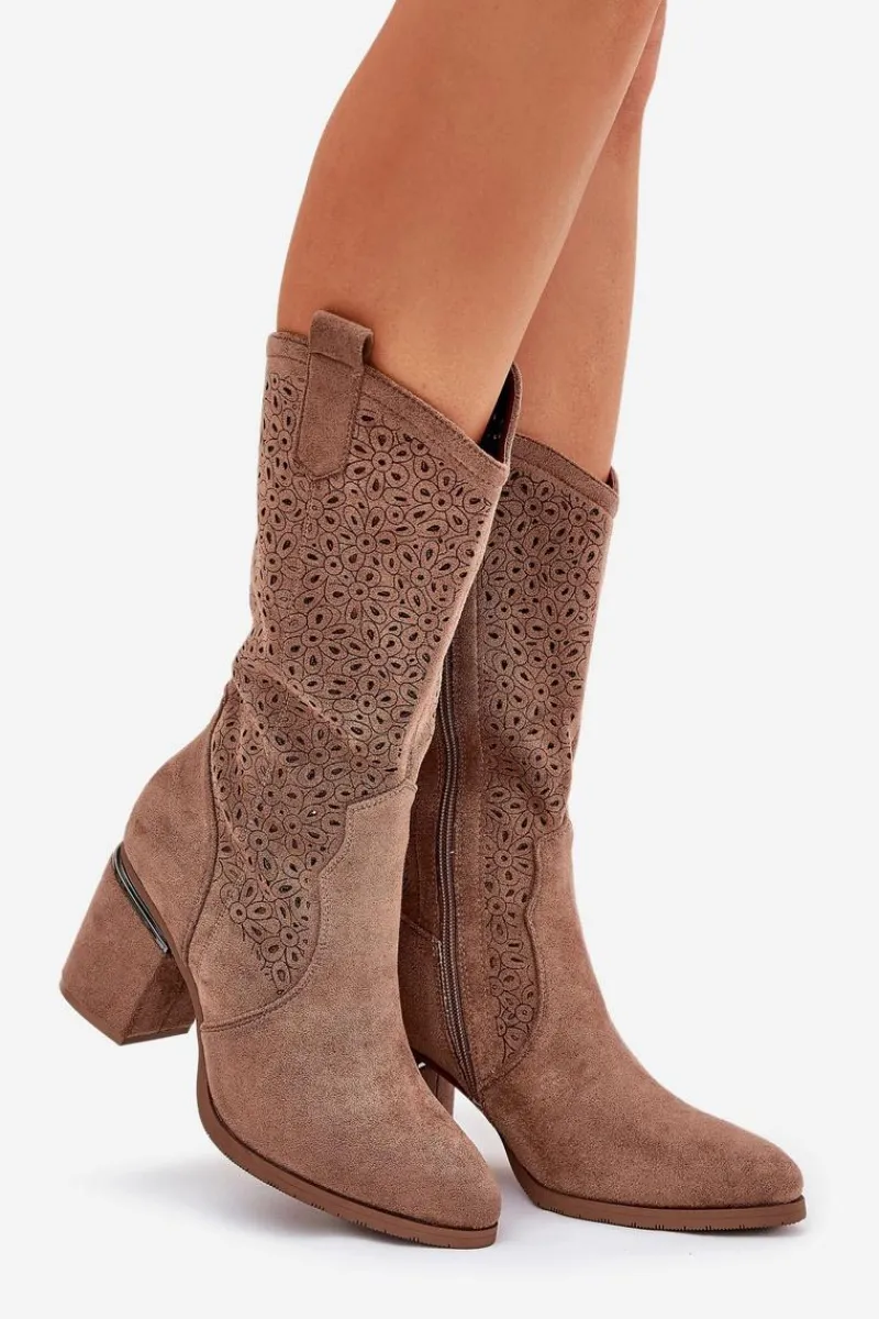 Sale Ażurowe Kozaki Kowbojki Do Połowy Łydki S.Barski HY51-238 Brązowe Damskie Kozaki Na Słupku|Kozaki Ażurowe