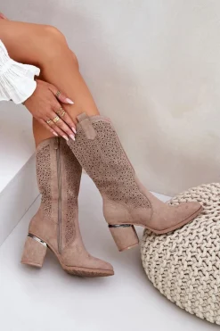 Kozaki Na Słupku|Kozaki Ażurowe>Damskie buty S.Barski Ażurowe Kozaki Kowbojki Do Połowy Łydki S.Barski HY51-238 Beżowe Beżowy