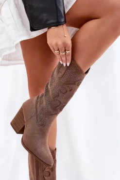 Online Damskie buty S.Barski Ażurowe Kozaki Kowbojki Na Słupku S.Barski HY51-606 Brązowe Brązowy