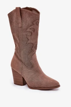 Online Damskie buty S.Barski Ażurowe Kozaki Kowbojki Na Słupku S.Barski HY51-606 Brązowe Brązowy