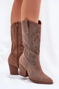 Online Damskie buty S.Barski Ażurowe Kozaki Kowbojki Na Słupku S.Barski HY51-606 Brązowe Brązowy