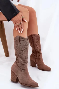 Online Damskie buty S.Barski Ażurowe Kozaki Kowbojki Na Słupku S.Barski HY51-606 Brązowe Brązowy