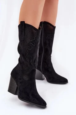 Hot Ażurowe Kozaki Kowbojki Na Słupku S.Barski HY51-606 Czarne Damskie Kozaki Na Słupku|Kozaki Ażurowe