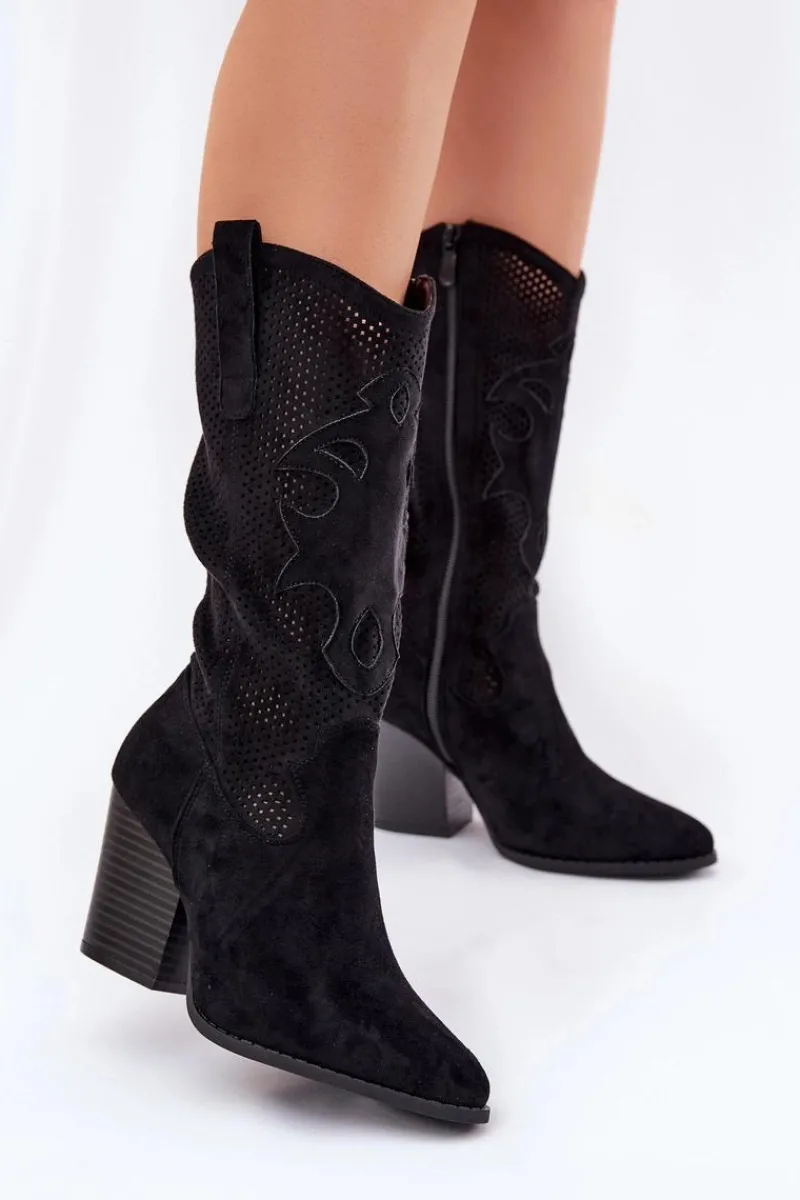 Hot Ażurowe Kozaki Kowbojki Na Słupku S.Barski HY51-606 Czarne Damskie Kozaki Na Słupku|Kozaki Ażurowe