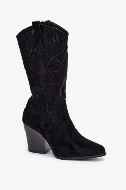 Hot Ażurowe Kozaki Kowbojki Na Słupku S.Barski HY51-606 Czarne Damskie Kozaki Na Słupku|Kozaki Ażurowe