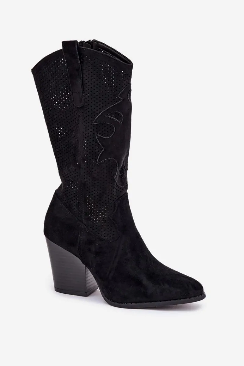 Hot Ażurowe Kozaki Kowbojki Na Słupku S.Barski HY51-606 Czarne Damskie Kozaki Na Słupku|Kozaki Ażurowe