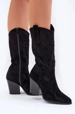 Hot Ażurowe Kozaki Kowbojki Na Słupku S.Barski HY51-606 Czarne Damskie Kozaki Na Słupku|Kozaki Ażurowe