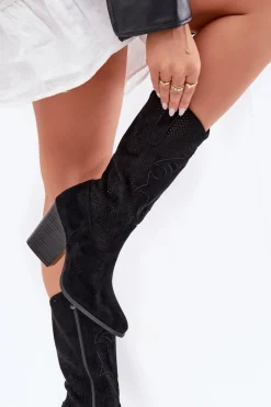 Hot Ażurowe Kozaki Kowbojki Na Słupku S.Barski HY51-606 Czarne Damskie Kozaki Na Słupku|Kozaki Ażurowe