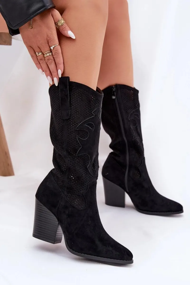 Hot Ażurowe Kozaki Kowbojki Na Słupku S.Barski HY51-606 Czarne Damskie Kozaki Na Słupku|Kozaki Ażurowe