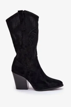 Hot Ażurowe Kozaki Kowbojki Na Słupku S.Barski HY51-606 Czarne Damskie Kozaki Na Słupku|Kozaki Ażurowe