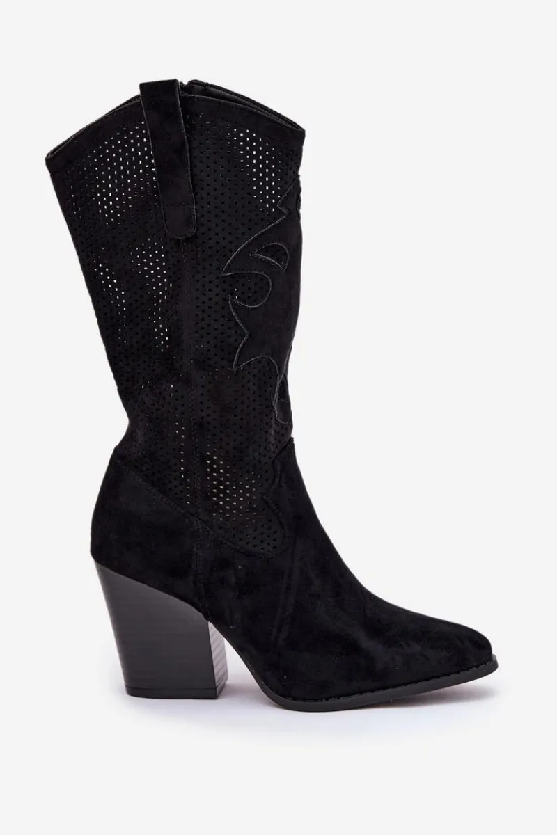 Hot Ażurowe Kozaki Kowbojki Na Słupku S.Barski HY51-606 Czarne Damskie Kozaki Na Słupku|Kozaki Ażurowe