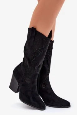 Hot Ażurowe Kozaki Kowbojki Na Słupku S.Barski HY51-606 Czarne Damskie Kozaki Na Słupku|Kozaki Ażurowe