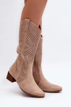 Outlet Buty damskie Vinceza Ażurowe Kozaki Na Niskim Obcasie Beżowe Walea