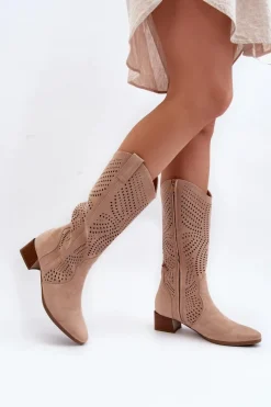 Outlet Buty damskie Vinceza Ażurowe Kozaki Na Niskim Obcasie Beżowe Walea