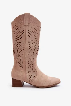 Outlet Buty damskie Vinceza Ażurowe Kozaki Na Niskim Obcasie Beżowe Walea