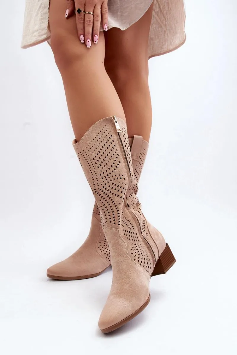 Outlet Buty damskie Vinceza Ażurowe Kozaki Na Niskim Obcasie Beżowe Walea