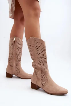 Outlet Buty damskie Vinceza Ażurowe Kozaki Na Niskim Obcasie Beżowe Walea