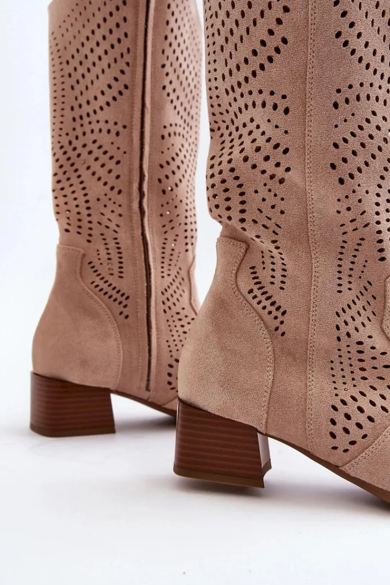 Outlet Buty damskie Vinceza Ażurowe Kozaki Na Niskim Obcasie Beżowe Walea