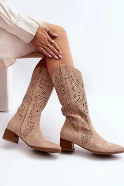 Outlet Buty damskie Vinceza Ażurowe Kozaki Na Niskim Obcasie Beżowe Walea