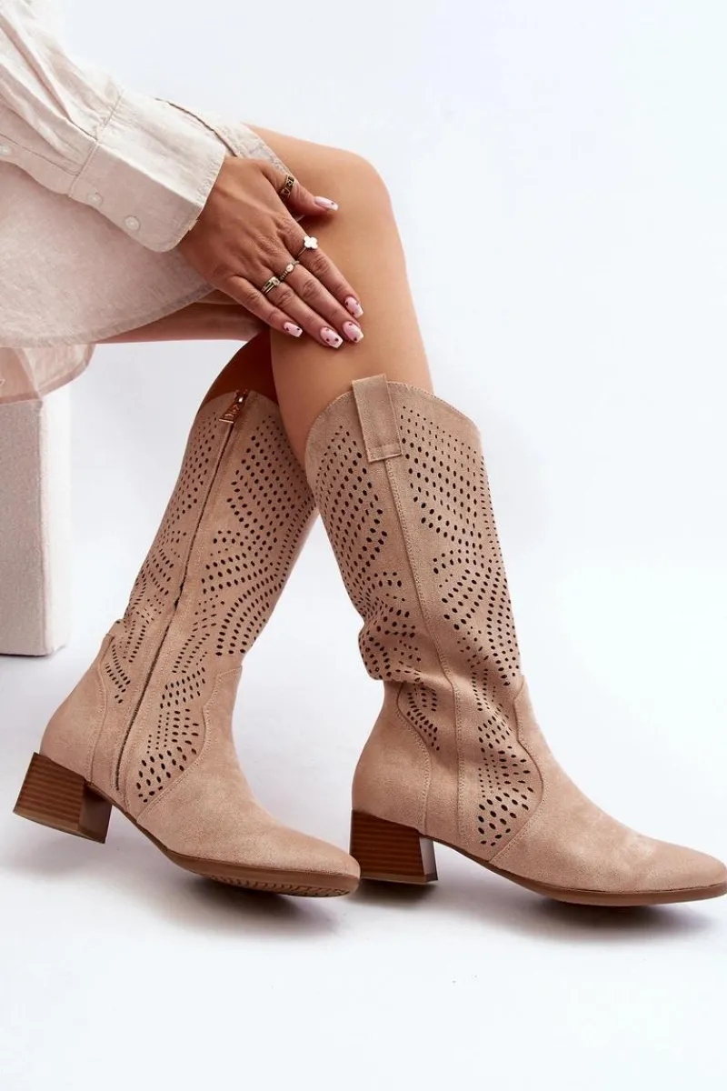 Outlet Buty damskie Vinceza Ażurowe Kozaki Na Niskim Obcasie Beżowe Walea