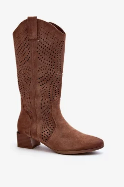 Kozaki Wiosenne|Kozaki Ażurowe>Buty damskie Vinceza Ażurowe Kozaki Na Niskim Obcasie Brązowe Walea