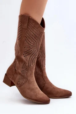 Kozaki Wiosenne|Kozaki Ażurowe>Buty damskie Vinceza Ażurowe Kozaki Na Niskim Obcasie Brązowe Walea