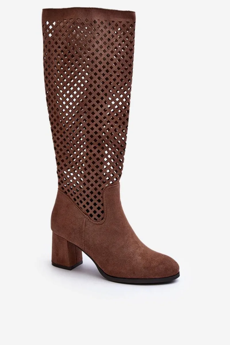 Hot Boto Ażurowe Kozaki Na Obcasie Zamszowe Brązowe Jolenna