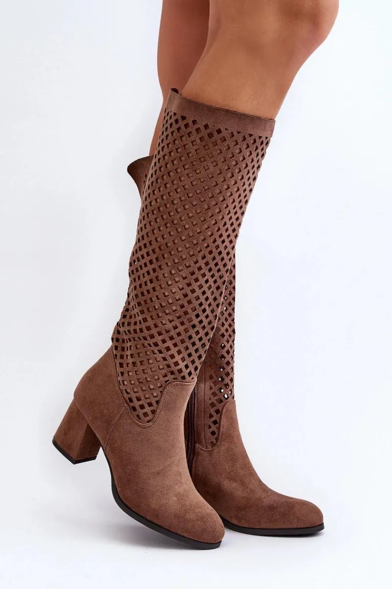 Hot Boto Ażurowe Kozaki Na Obcasie Zamszowe Brązowe Jolenna