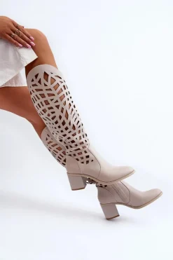 Online Boto Ażurowe Kozaki Na Obcasie Beżowe Pinkema