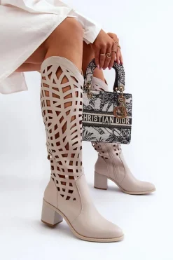 Online Boto Ażurowe Kozaki Na Obcasie Beżowe Pinkema