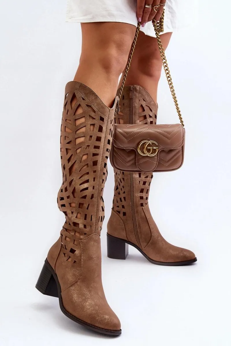 Hot Ażurowe Kozaki Na Obcasie Brązowe Pinkema Damskie Kozaki Wiosenne|Kozaki Ażurowe