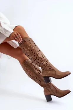 Hot Ażurowe Kozaki Na Obcasie Brązowe Pinkema Damskie Kozaki Wiosenne|Kozaki Ażurowe