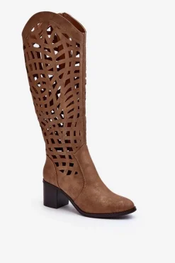 Hot Ażurowe Kozaki Na Obcasie Brązowe Pinkema Damskie Kozaki Wiosenne|Kozaki Ażurowe
