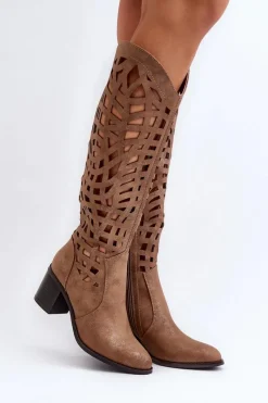Hot Ażurowe Kozaki Na Obcasie Brązowe Pinkema Damskie Kozaki Wiosenne|Kozaki Ażurowe
