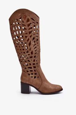 Hot Ażurowe Kozaki Na Obcasie Brązowe Pinkema Damskie Kozaki Wiosenne|Kozaki Ażurowe
