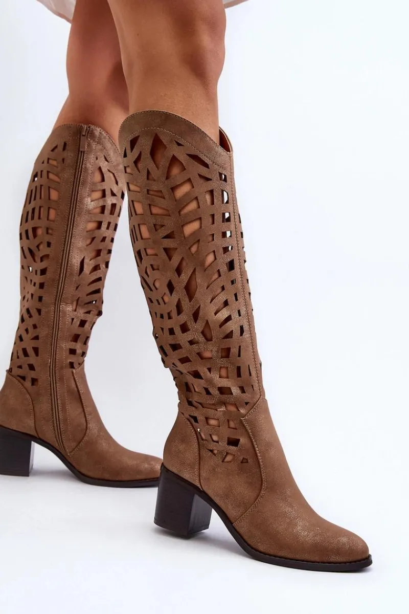 Hot Ażurowe Kozaki Na Obcasie Brązowe Pinkema Damskie Kozaki Wiosenne|Kozaki Ażurowe