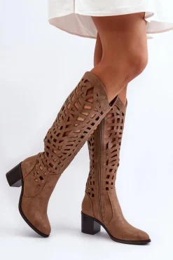 Hot Ażurowe Kozaki Na Obcasie Brązowe Pinkema Damskie Kozaki Wiosenne|Kozaki Ażurowe